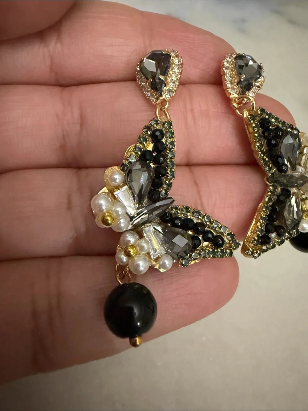 Handcrafted Black Crystal & Pearl Butterfly Drop Earrings